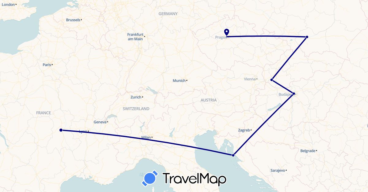 TravelMap itinerary: driving in Czech Republic, France, Croatia, Hungary, Poland, Slovakia (Europe)